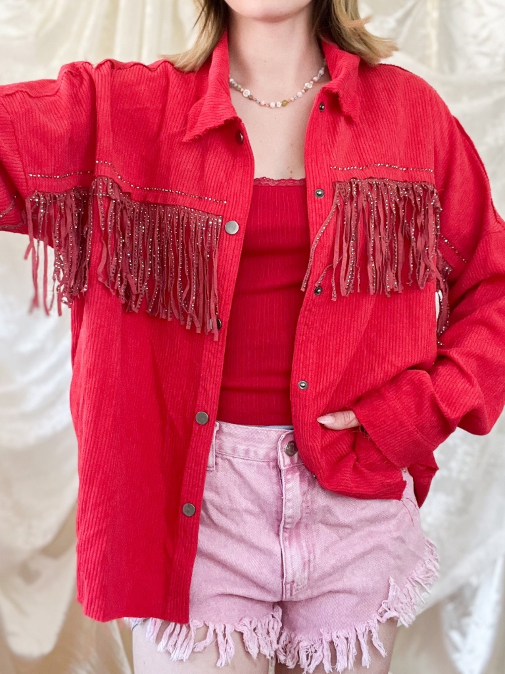 Red Corduroy Rhinestone Fringe Western Shacket